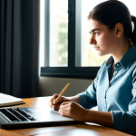 A determined young professional, fully clothed in a modest, smart casual outfit, is intensely studying at a clean, modern study desk. The desk is meticulously organized with textbooks and a laptop, reflecting a dedicated learning environment. Soft, natural sunlight streams through a window, gently illuminating the scene. The subject's expression is focused and hopeful, contemplating their future career in a professional manner. Perfect anatomy, correct proportions, natural pose, well-formed hands, proper finger count, natural body proportions. Safe for work, appropriate content, fully clothed, family-friendly, professional photography, high quality, ultra-detailed, cinematic lighting.
