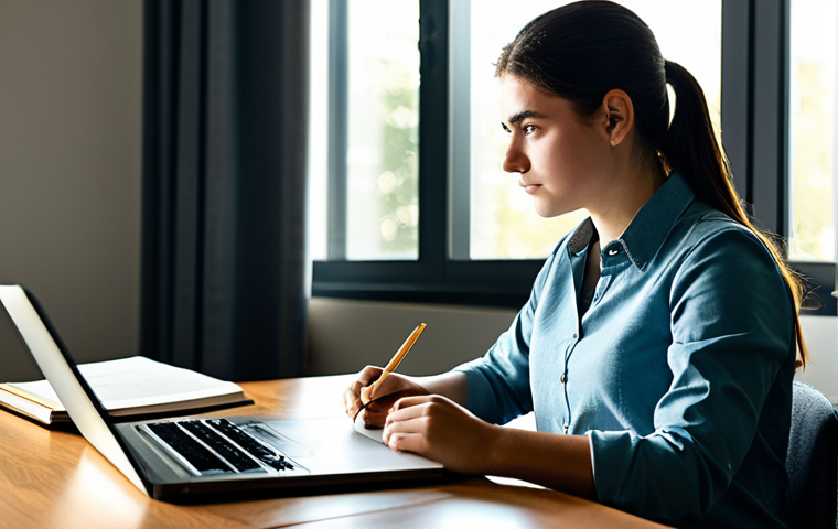 A determined young professional, fully clothed in a modest, smart casual outfit, is intensely studying at a clean, modern study desk. The desk is meticulously organized with textbooks and a laptop, reflecting a dedicated learning environment. Soft, natural sunlight streams through a window, gently illuminating the scene. The subject's expression is focused and hopeful, contemplating their future career in a professional manner. Perfect anatomy, correct proportions, natural pose, well-formed hands, proper finger count, natural body proportions. Safe for work, appropriate content, fully clothed, family-friendly, professional photography, high quality, ultra-detailed, cinematic lighting.