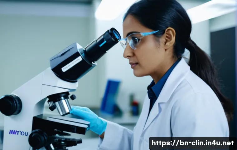 임상병리사 커리어 관련 워크샵 - **Prompt:** A focused female clinical pathologist, mid-30s, of South Asian ethnicity, meticulously e...
