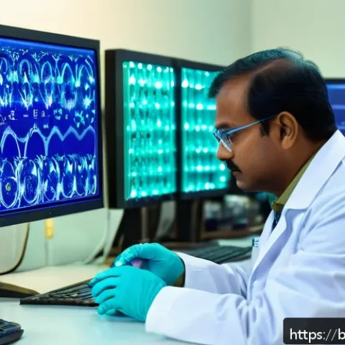 임상병리사 직업 만족도 조사 - A busy clinical pathologist laboratory scene in a modern hospital in Bangladesh, showing a middle-ag...