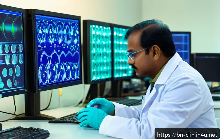 임상병리사 직업 만족도 조사 - A busy clinical pathologist laboratory scene in a modern hospital in Bangladesh, showing a middle-ag...