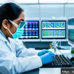 임상병리사와 정밀의학의 발전 - A high-tech molecular diagnostics laboratory scene featuring advanced PCR and FISH technologies in a...