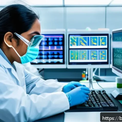 임상병리사와 정밀의학의 발전 - A high-tech molecular diagnostics laboratory scene featuring advanced PCR and FISH technologies in a...