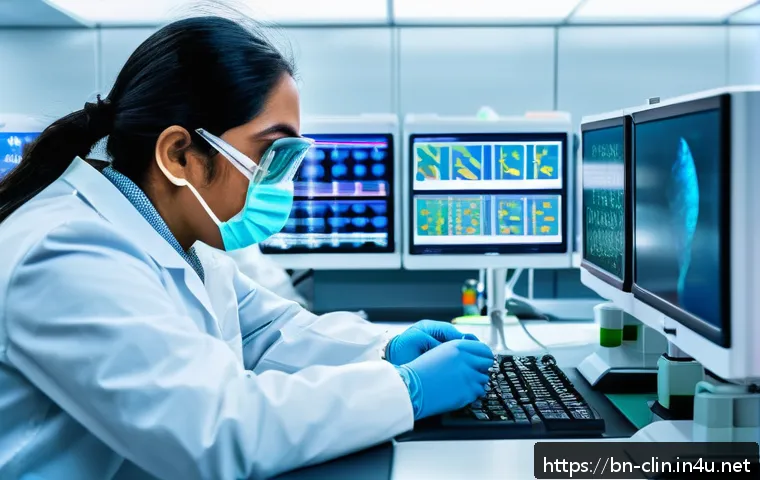 임상병리사와 정밀의학의 발전 - A high-tech molecular diagnostics laboratory scene featuring advanced PCR and FISH technologies in a...