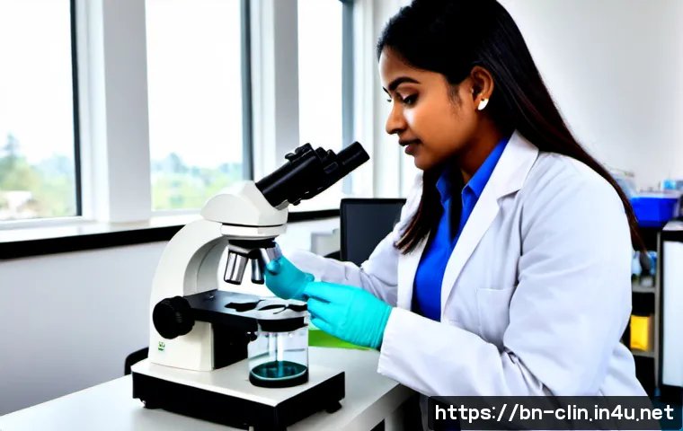Home 17 임상병리사와 면역학의 기초 - Photorealistic clinical laboratory scene, Bengali female medical laboratory technologist in a clean ...