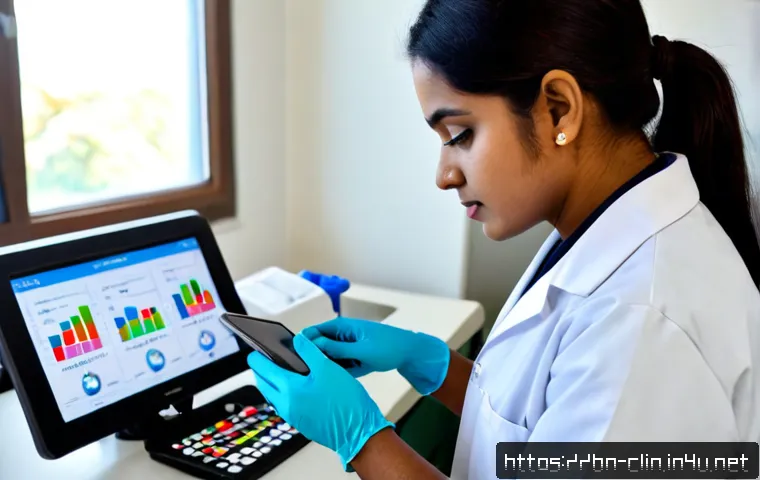 임상병리사 실험 데이터 관리 팁 - Photorealistic clinical laboratory scientist in a clean modern diagnostic lab, carefully comparing c...